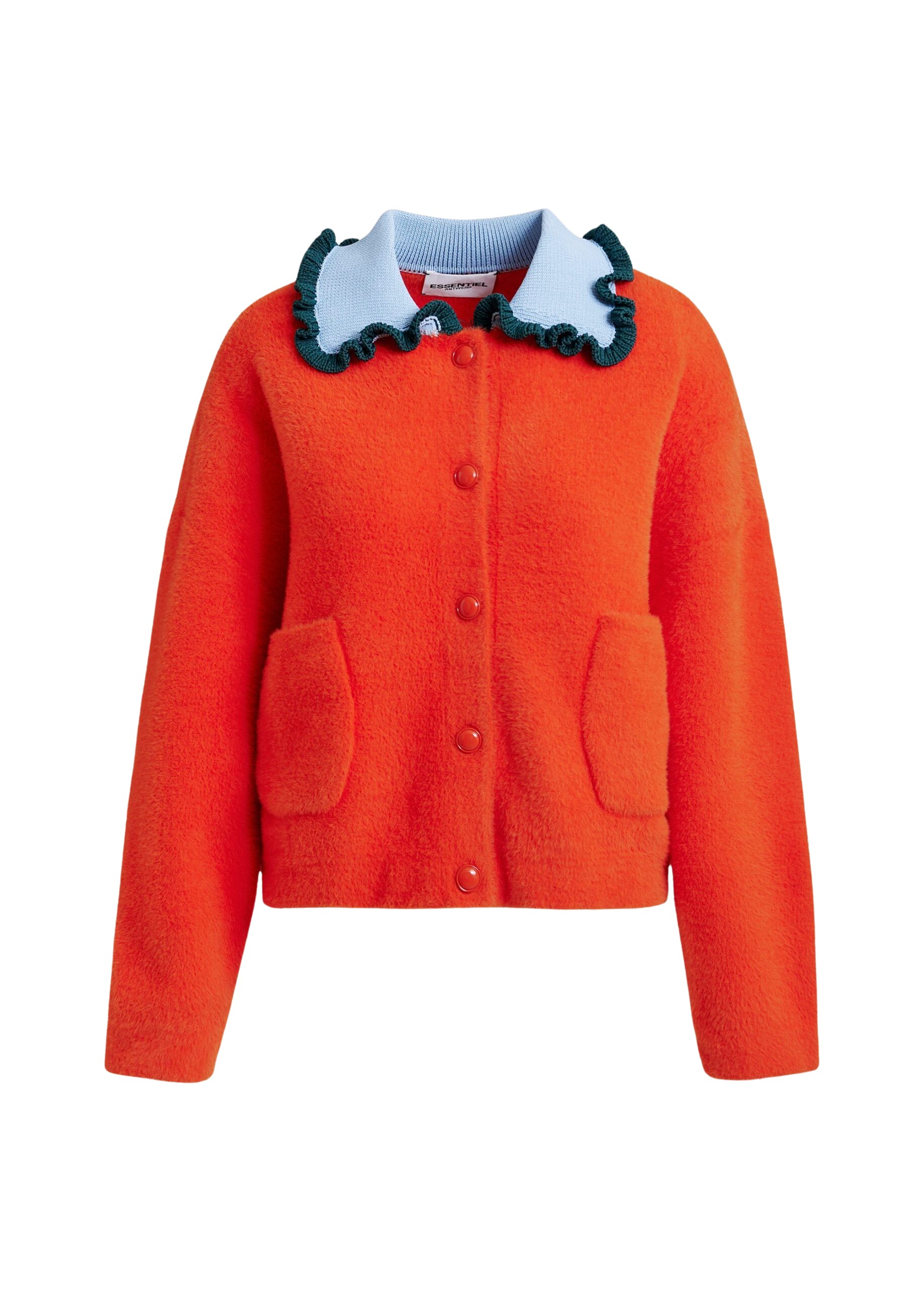 Essentiel Antwerp Orange cardigan with contrasting light blue and dark green ruffle collar