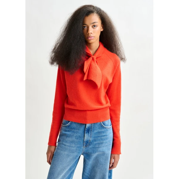 Essentiel Antwerp Orange cashmere sweater with pussy-bow tie - Essentiel Antwerp Knitwear - Colorful Belgian Design - Shop at Luxury Shoes 
