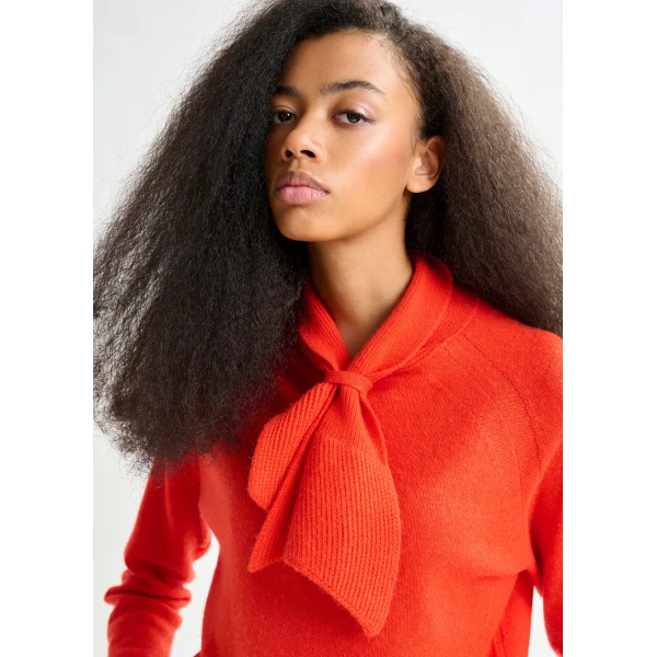 Essentiel Antwerp Orange cashmere sweater with pussy-bow tie - Essentiel Antwerp Knitwear - Colorful Belgian Design - Shop at Luxury Shoes 