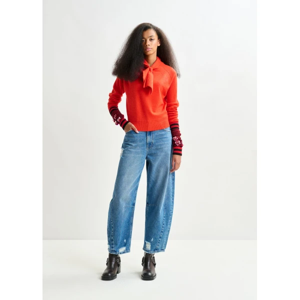Essentiel Antwerp Orange cashmere sweater with pussy-bow tie - Essentiel Antwerp Knitwear - Colorful Belgian Design - Shop at Luxury Shoes 