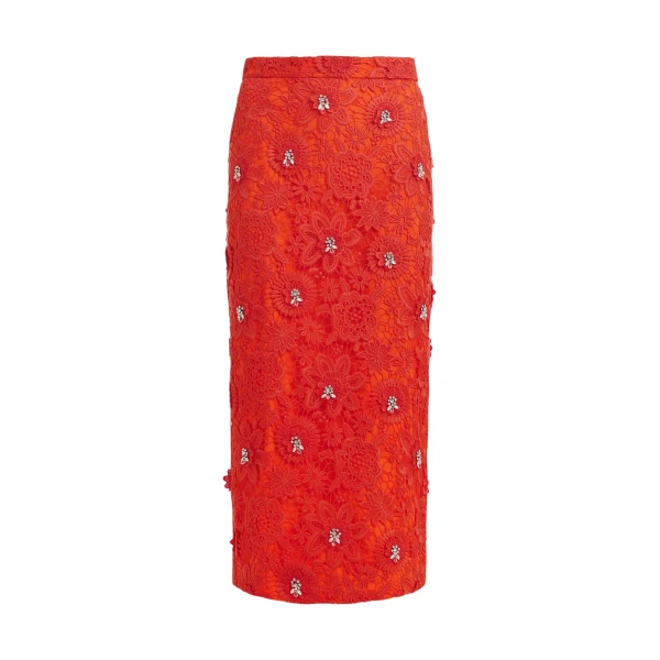 Essentiel Antwerp Orange floral lace pencil skirt with rhinestone embellishments - Essentiel Antwerp Skirts - Colorful Belgian Design - Shop at Luxury Shoes 