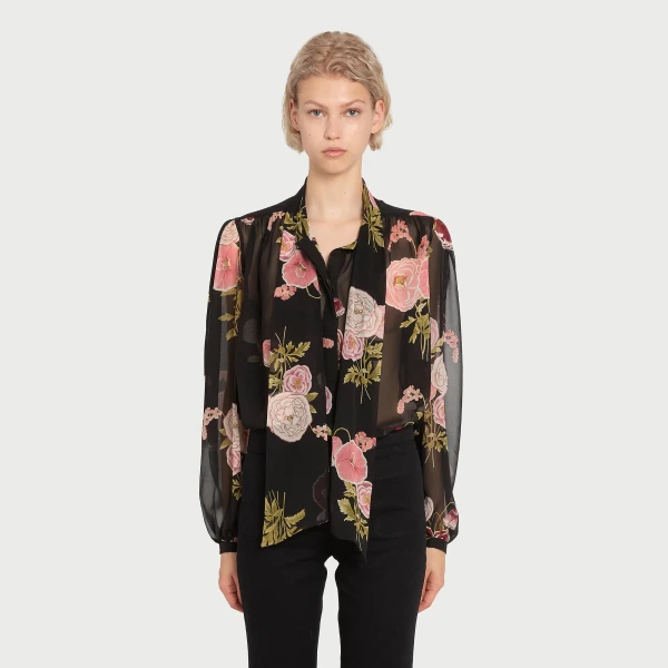 Giambattista Valli Pansies Black Silk Blouse - Giambattista Valli Tops - Romantic Couture - Shop at Luxury Shoes 
