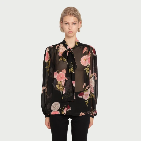 Giambattista Valli Pansies Black Silk Blouse - Giambattista Valli Tops - Romantic Couture - Shop at Luxury Shoes 