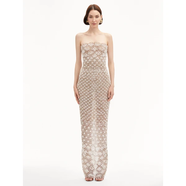 Oscar de la Renta Pearl Embroidered Scallop Gown - Oscar de la Renta Dresses - American Couture - Shop at Luxury Shoes 