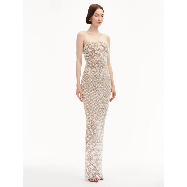 Oscar de la Renta Pearl Embroidered Scallop Gown - Oscar de la Renta Dresses - American Couture - Shop at Luxury Shoes 