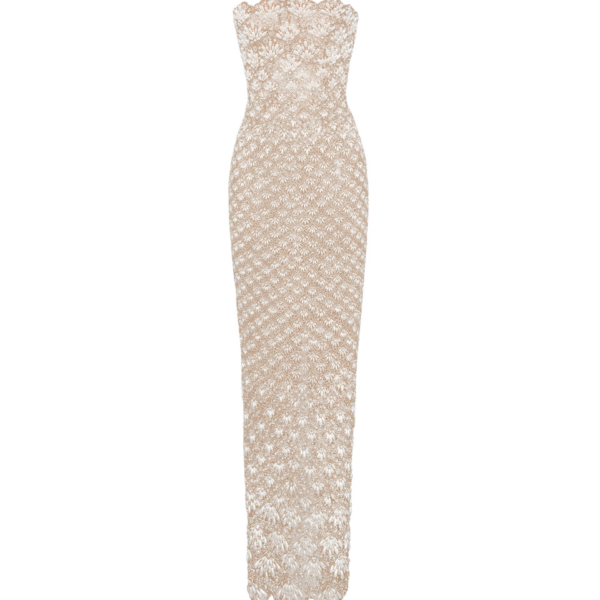 Oscar de la Renta Pearl Embroidered Scallop Gown
