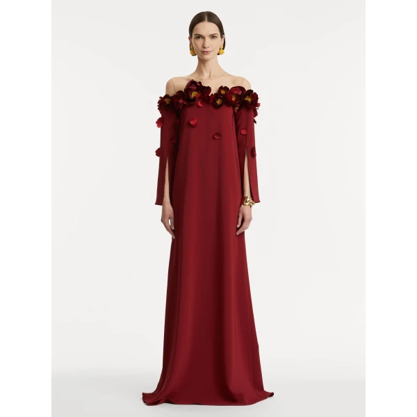 Oscar de la Renta Peony Appliqué Illusion Neck Caftan - Oscar de la Renta Dresses - American Couture - Shop at Luxury Shoes 