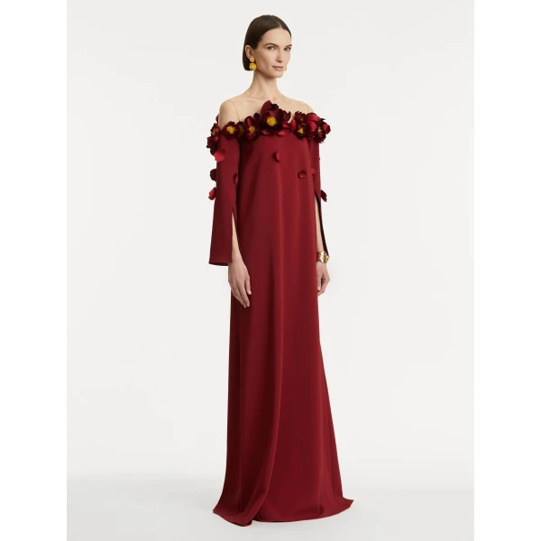 Oscar de la Renta Peony Appliqué Illusion Neck Caftan - Oscar de la Renta Dresses - American Couture - Shop at Luxury Shoes 