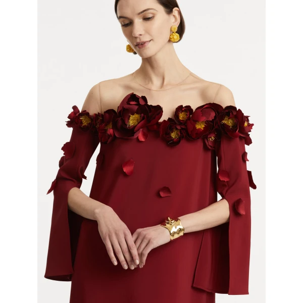 Oscar de la Renta Peony Appliqué Illusion Neck Caftan - Oscar de la Renta Dresses - American Couture - Shop at Luxury Shoes 