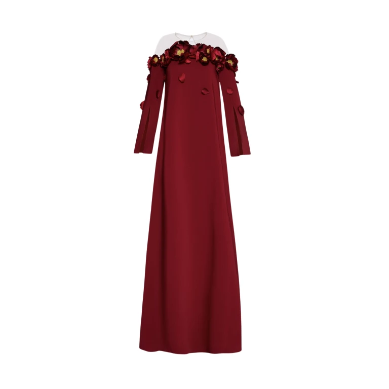Oscar de la Renta Peony Appliqué Illusion Neck Caftan - Oscar de la Renta Dresses - American Couture - Shop at Luxury Shoes 