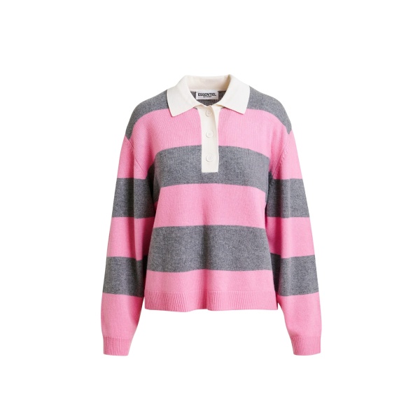 Essentiel Antwerp Pink and grey striped wool and cashmere blend polo with appliqué patch - Essentiel Antwerp Tops - Colorful Belgian Design - Shop at Luxury Shoes 