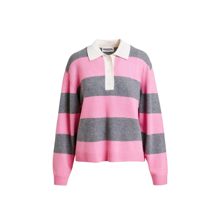 Essentiel Antwerp Pink and grey striped wool and cashmere blend polo with appliqué patch - Essentiel Antwerp Tops - Colorful Belgian Design - Shop at Luxury Shoes 