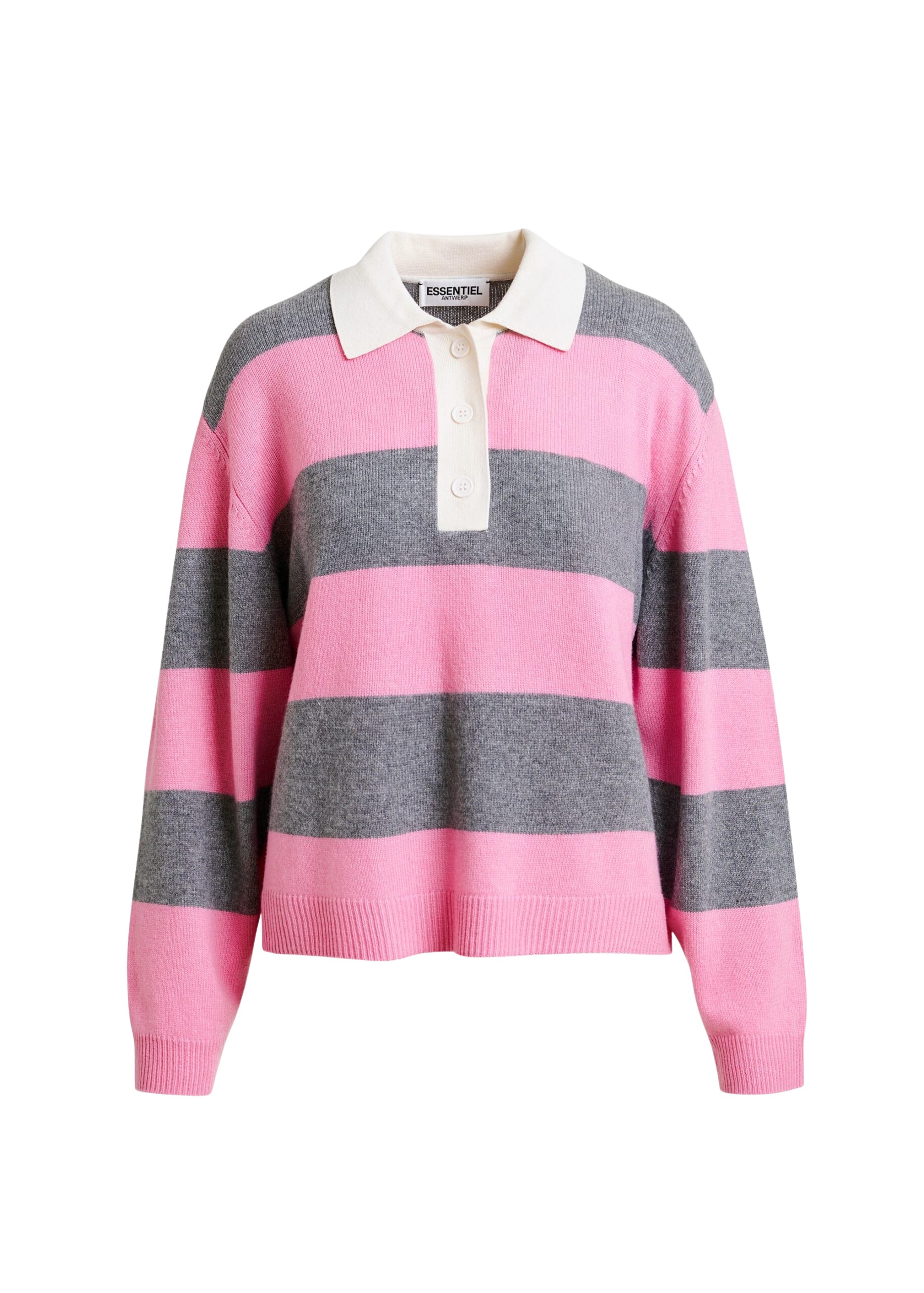 Essentiel Antwerp Pink and grey striped wool and cashmere blend polo with appliqué patch Top