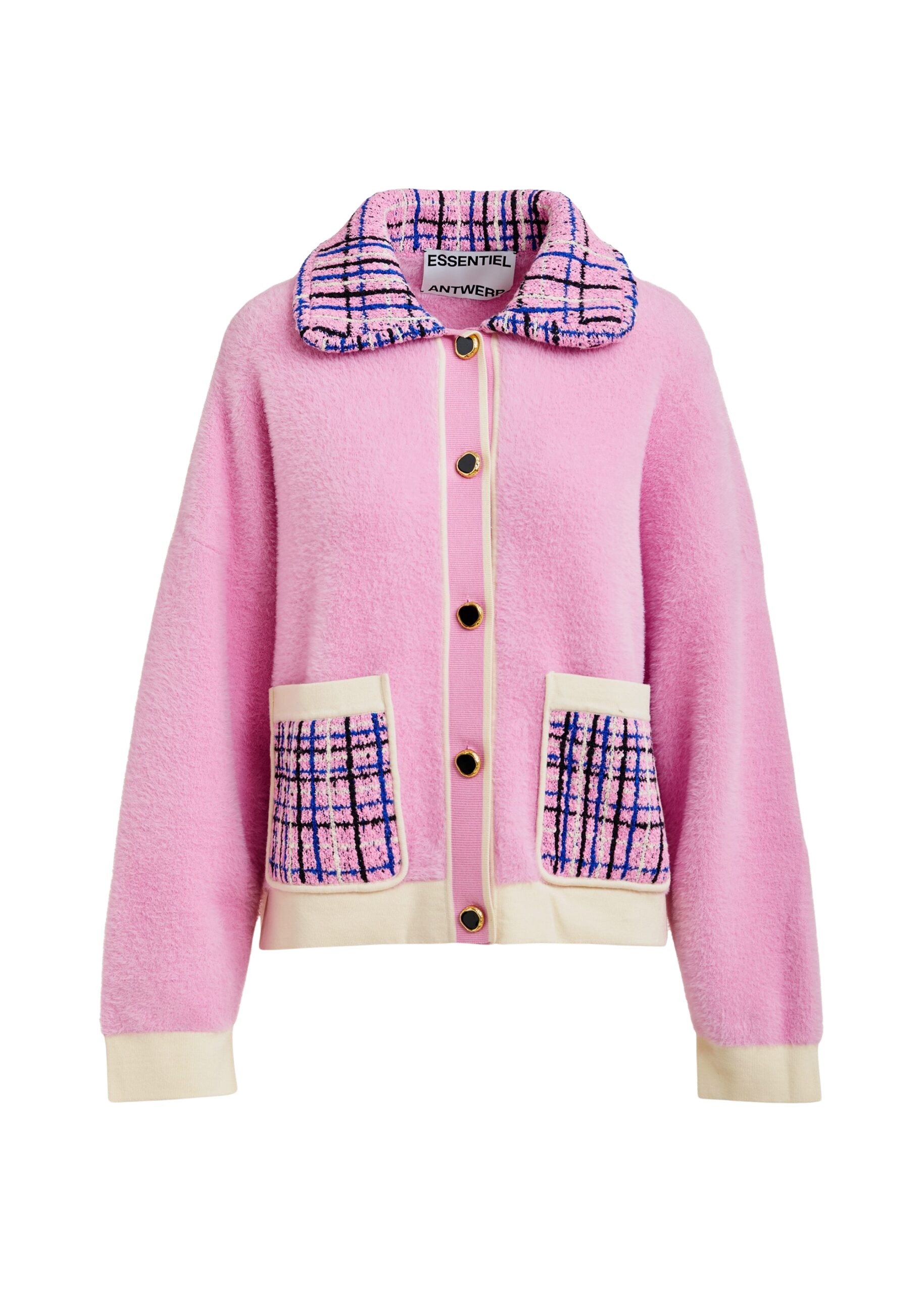 Essentiel Antwerp Pink and off-white textured cardigan with contrast blue and black tweed collar and patch pockets
