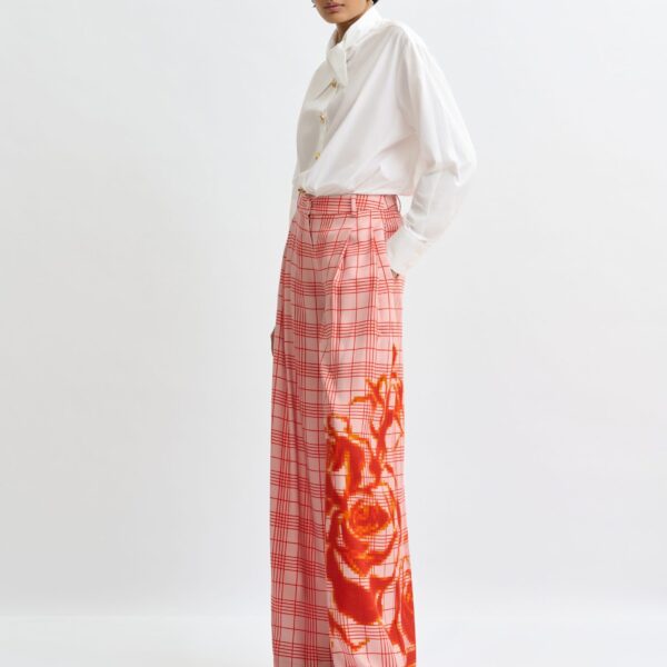 Essentiel Antwerp Pink and red checked wide-leg pants with placed print, view 2