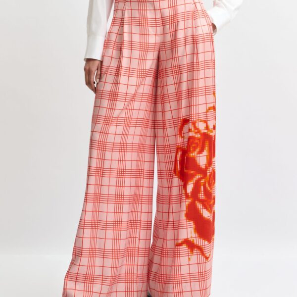Essentiel Antwerp Pink and red checked wide-leg pants with placed print, view 3