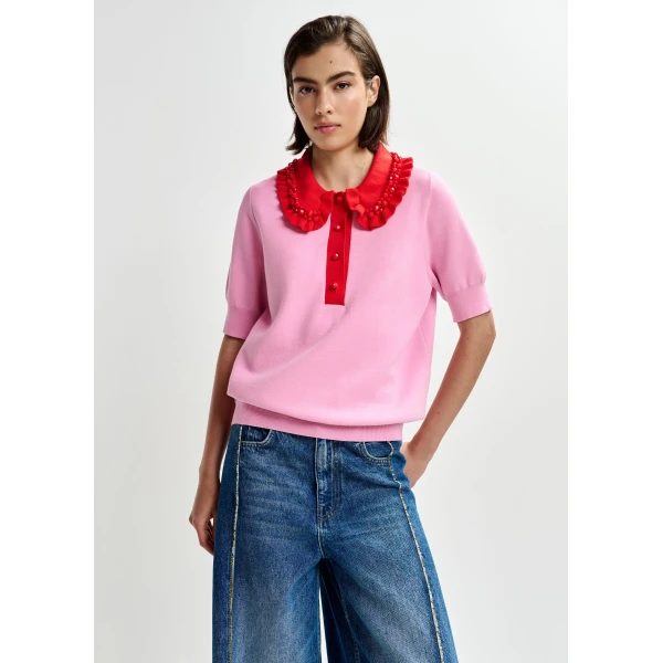 Essentiel Antwerp Pink and red ruffle fine-knit polo top with bead embellishments - Essentiel Antwerp Tops - Colorful Belgian Design - Shop at Luxury Shoes 