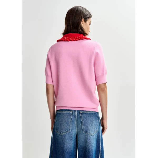Essentiel Antwerp Pink and red ruffle fine-knit polo top with bead embellishments - Essentiel Antwerp Tops - Colorful Belgian Design - Shop at Luxury Shoes 