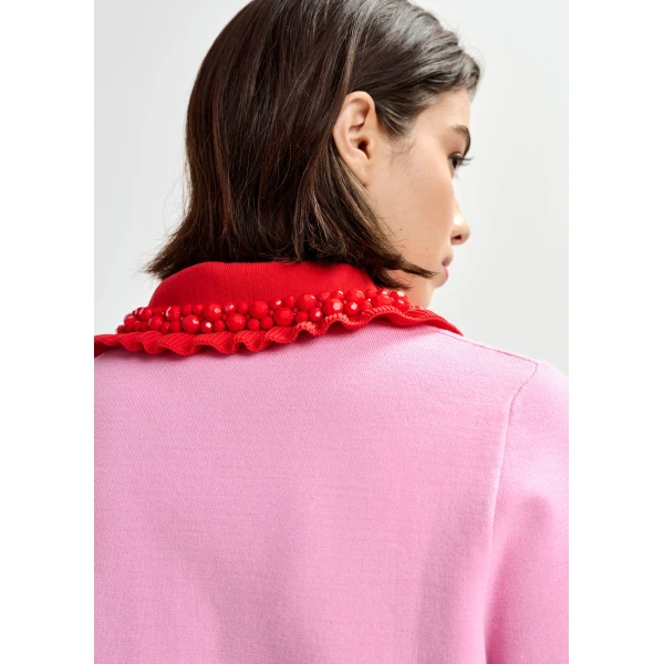Essentiel Antwerp Pink and red ruffle fine-knit polo top with bead embellishments - Essentiel Antwerp Tops - Colorful Belgian Design - Shop at Luxury Shoes 