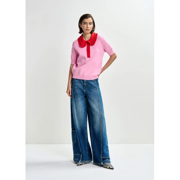 Essentiel Antwerp Pink and red ruffle fine-knit polo top with bead embellishments - Essentiel Antwerp Tops - Colorful Belgian Design - Shop at Luxury Shoes 
