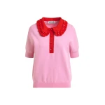 Essentiel Antwerp Pink and red ruffle fine-knit polo top with bead embellishments - Essentiel Antwerp Tops - Colorful Belgian Design - Shop at Luxury Shoes 