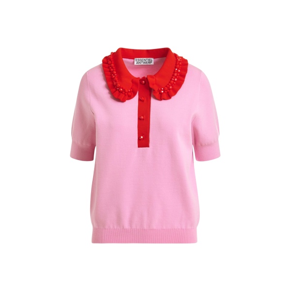 Essentiel Antwerp Pink and red ruffle fine-knit polo top with bead embellishments - Essentiel Antwerp Tops - Colorful Belgian Design - Shop at Luxury Shoes 