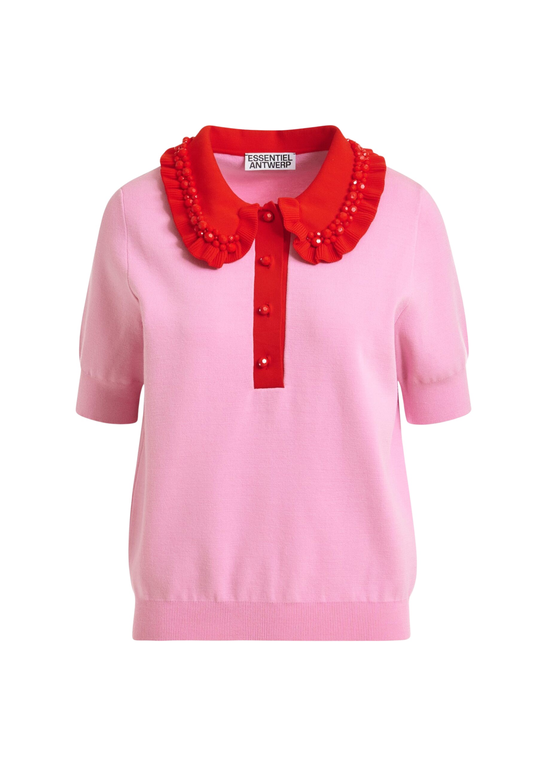 Essentiel Antwerp Pink and red ruffle fine-knit polo top with bead embellishments