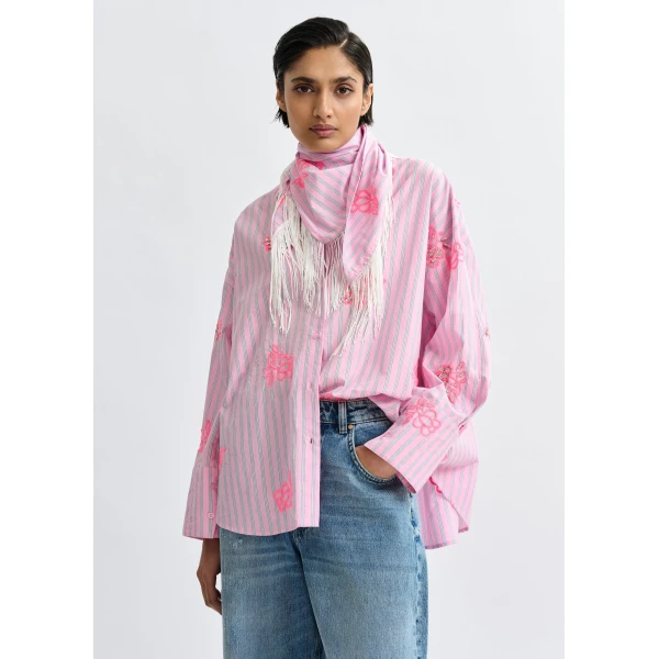 Essentiel Antwerp Pink cotton shirt with blue pinstripes and embroidered details - Essentiel Antwerp Shirts - Colorful Belgian Design - Shop at Luxury Shoes 