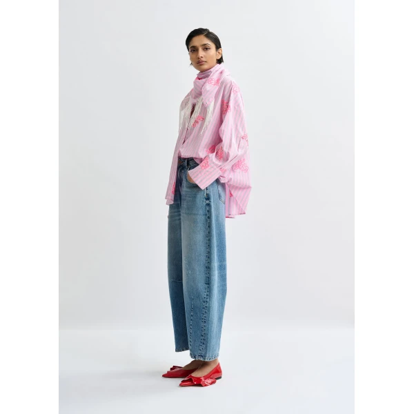 Essentiel Antwerp Pink cotton shirt with blue pinstripes and embroidered details - Essentiel Antwerp Shirts - Colorful Belgian Design - Shop at Luxury Shoes 