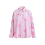 Essentiel Antwerp Pink cotton shirt with blue pinstripes and embroidered details - Essentiel Antwerp Shirts - Colorful Belgian Design - Shop at Luxury Shoes 