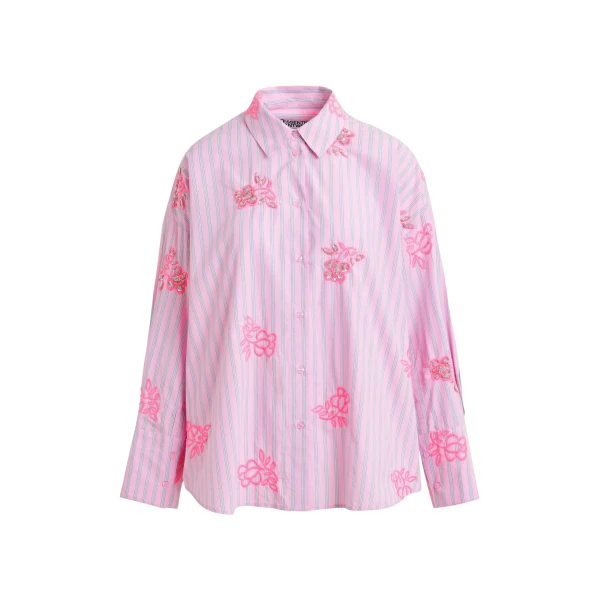 Essentiel Antwerp Pink cotton shirt with blue pinstripes and embroidered details - Essentiel Antwerp Shirts - Colorful Belgian Design - Shop at Luxury Shoes 