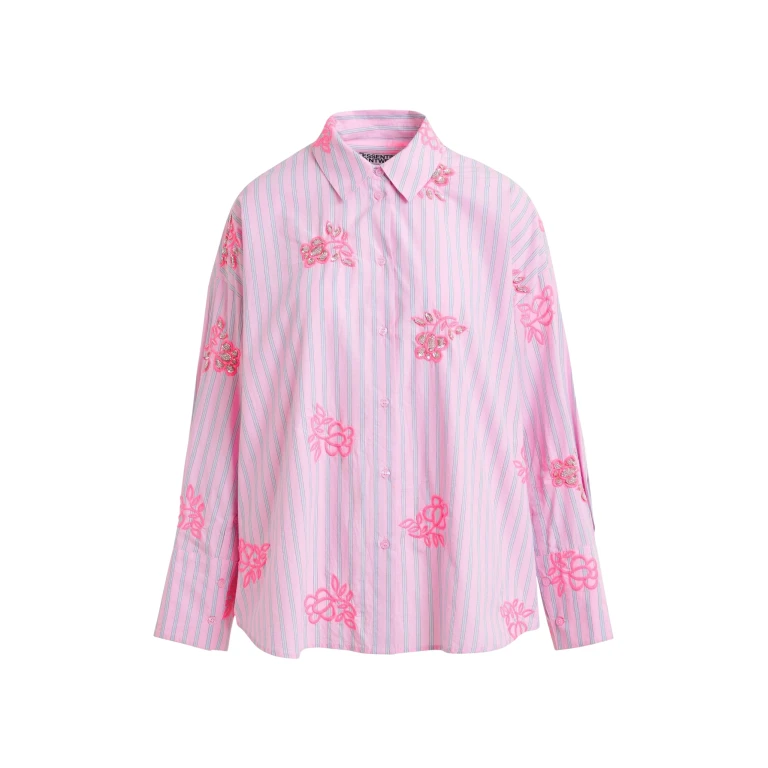 Essentiel Antwerp Pink cotton shirt with blue pinstripes and embroidered details - Essentiel Antwerp Shirts - Colorful Belgian Design - Shop at Luxury Shoes 