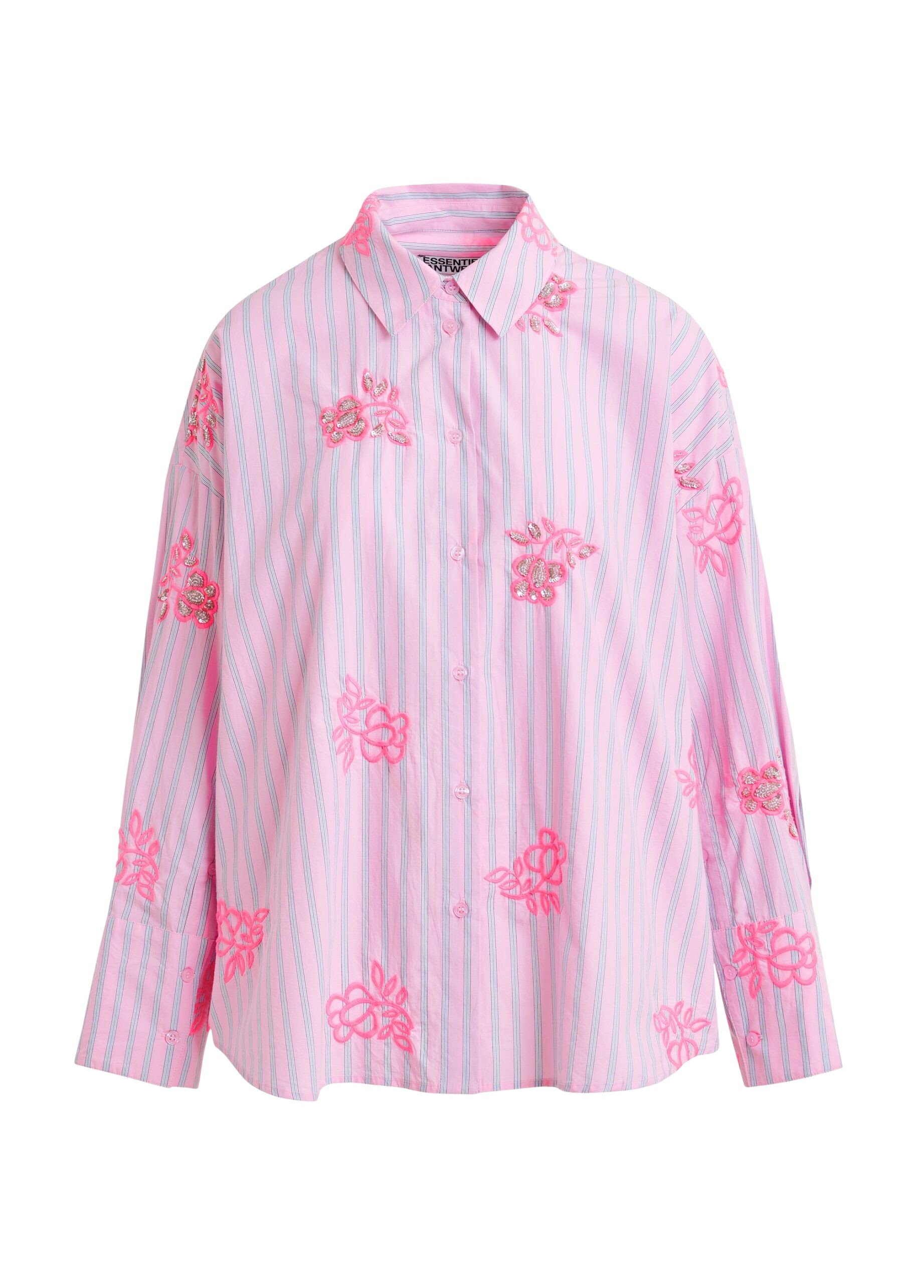 Essentiel Antwerp Pink cotton shirt with blue pinstripes and embroidered details
