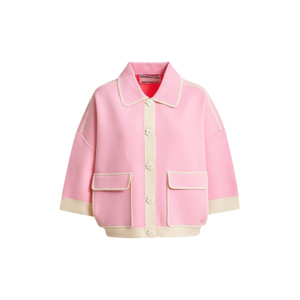 Essentiel Antwerp Pink knit cardigan with flower buttons and off-white contrasting trims - Essentiel Antwerp Knitwear - Colorful Belgian Design - Shop at Luxury Shoes 