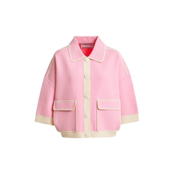 Essentiel Antwerp Pink knit cardigan with flower buttons and off-white contrasting trims - Essentiel Antwerp Knitwear - Colorful Belgian Design - Shop at Luxury Shoes 