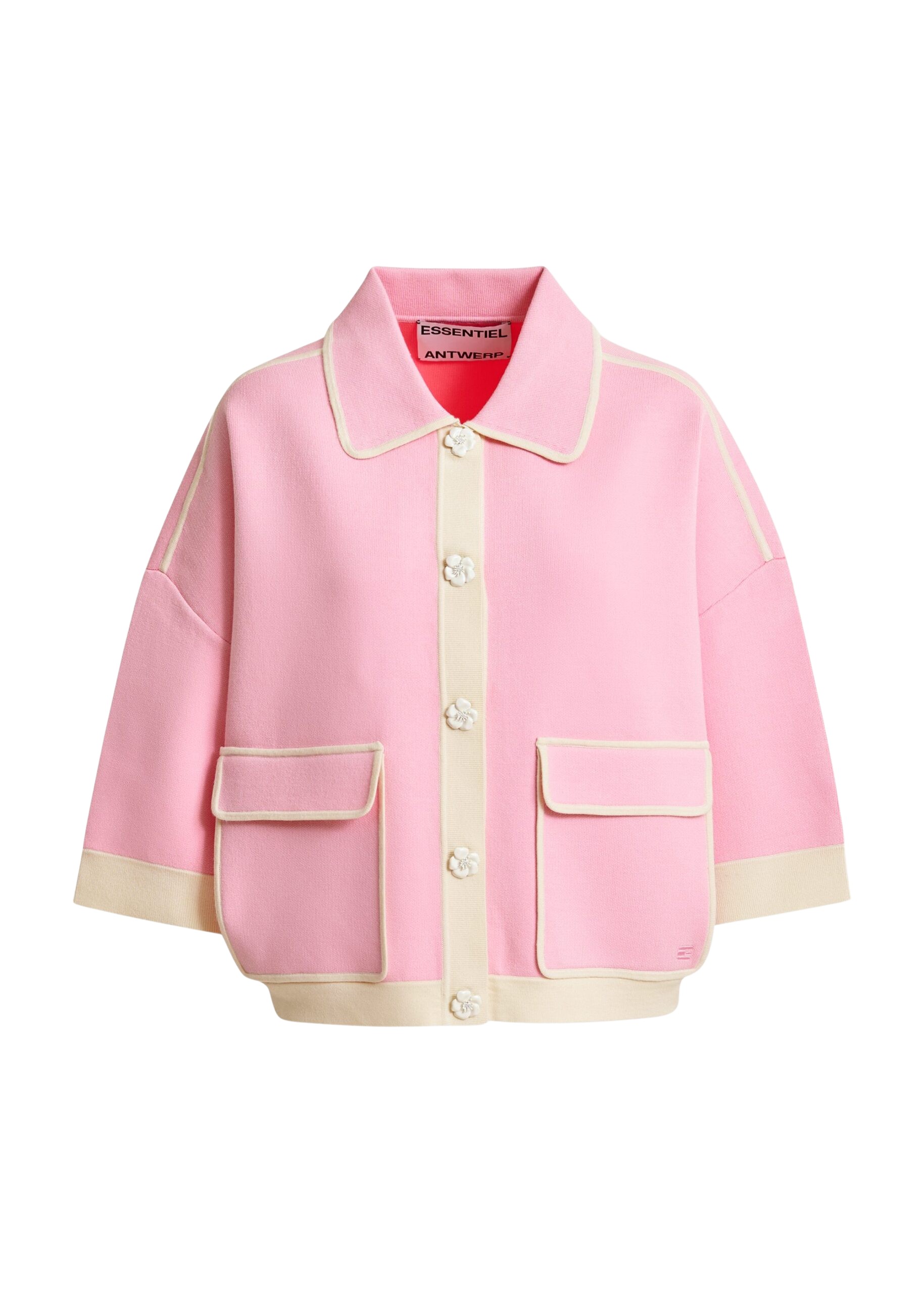Essentiel Antwerp Pink knit cardigan with flower buttons and off-white contrasting trims