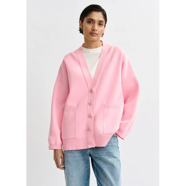 Essentiel Antwerp Pink knit cardigan with tonal flower buttons - Essentiel Antwerp Knitwear - Colorful Belgian Design - Shop at Luxury Shoes 