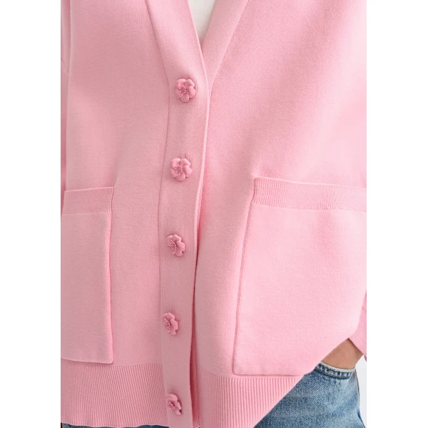 Essentiel Antwerp Pink knit cardigan with tonal flower buttons - Essentiel Antwerp Knitwear - Colorful Belgian Design - Shop at Luxury Shoes 
