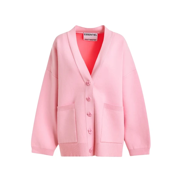 Essentiel Antwerp Pink knit cardigan with tonal flower buttons - Essentiel Antwerp Knitwear - Colorful Belgian Design - Shop at Luxury Shoes 