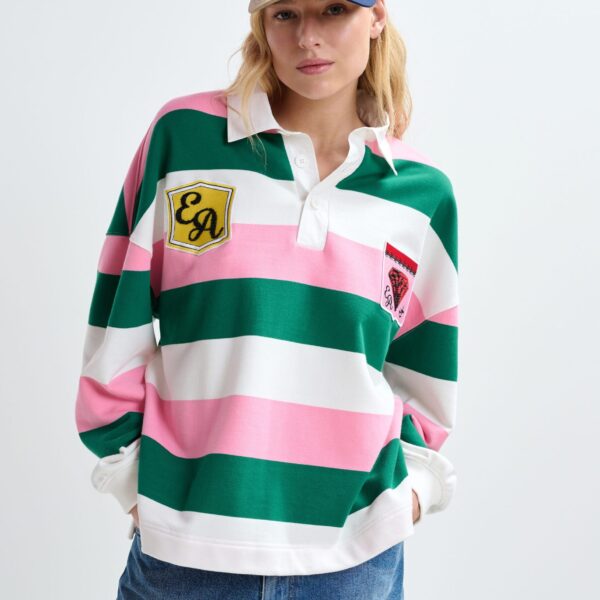 Essentiel Antwerp Pink, off-white and dark green striped cotton-blend polo with appliqué patches Top, view 2