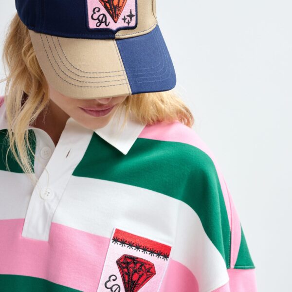 Essentiel Antwerp Pink, off-white and dark green striped cotton-blend polo with appliqué patches Top, view 4