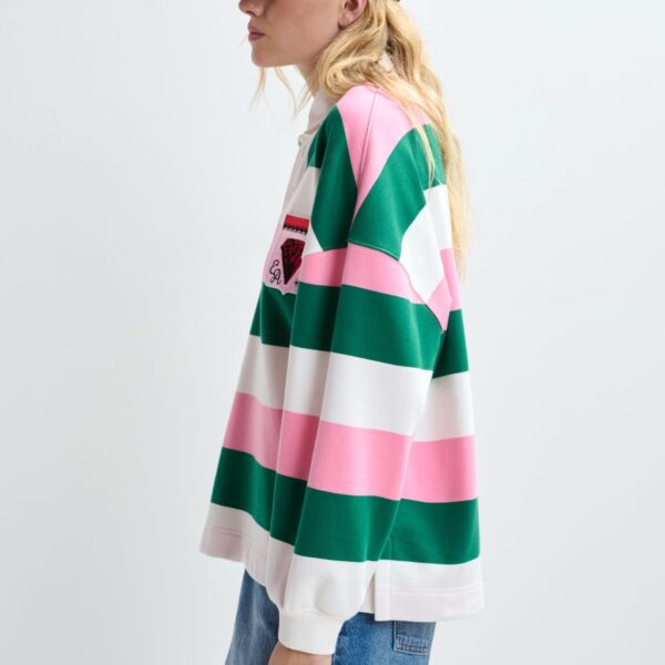Essentiel Antwerp Pink, off-white and dark green striped cotton-blend polo with appliqué patches Top, view 5