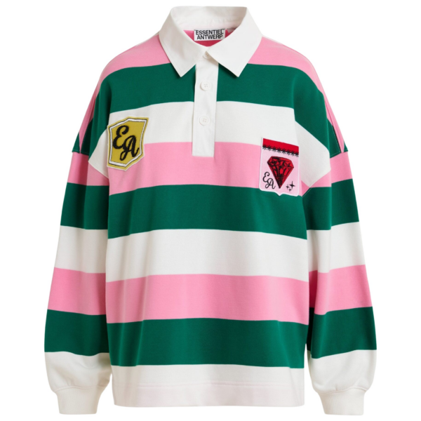 Essentiel Antwerp Pink, off-white and dark green striped cotton-blend polo with appliqué patches Top