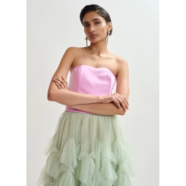 Essentiel Antwerp Pink sculpted bustier top with smocked back - Essentiel Antwerp Tops - Colorful Belgian Design - Shop at Luxury Shoes 