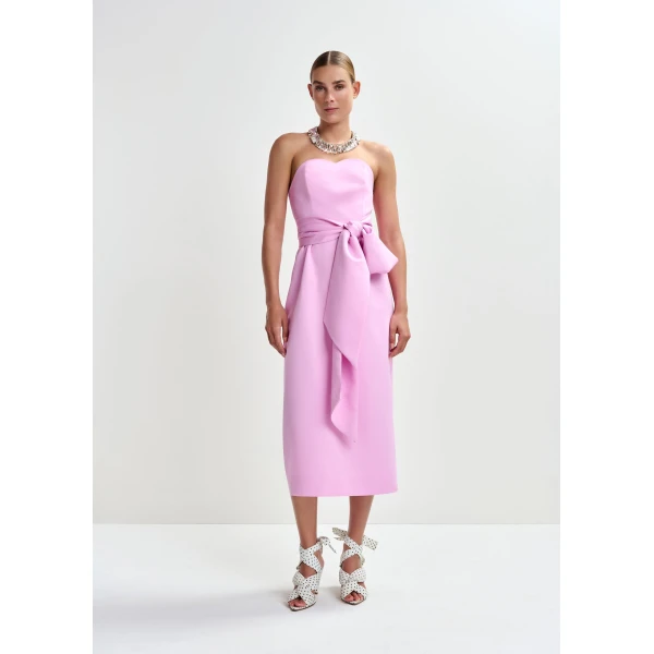 Essentiel Antwerp Pink strapless midi dress with wrap-belt - Essentiel Antwerp Dresses - Colorful Belgian Design - Shop at Luxury Shoes 