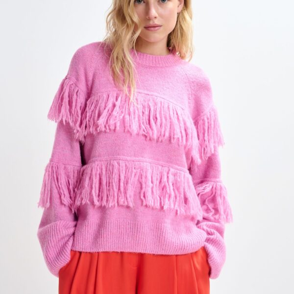 Essentiel Antwerp Pink sweater with fringe details, view 2