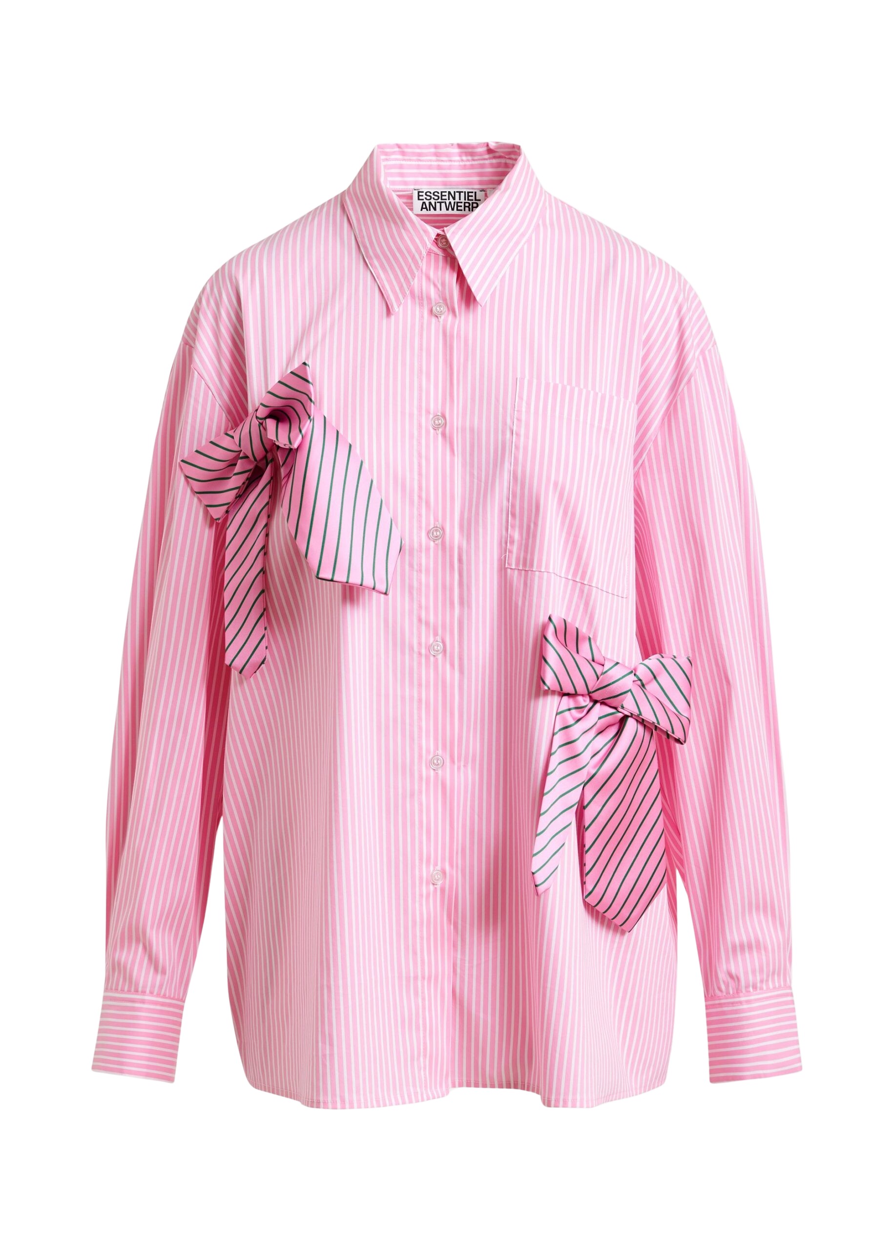 Essentiel Antwerp Pink, white and green striped oversized cotton shirt with tie bows
