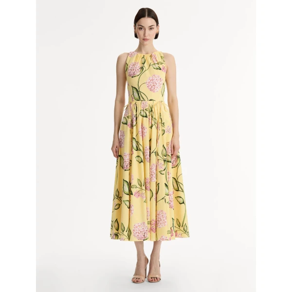 Oscar de la Renta Porcelain Flower Cotton Poplin Pleated Dress - Oscar de la Renta Dresses - American Couture - Shop at Luxury Shoes 