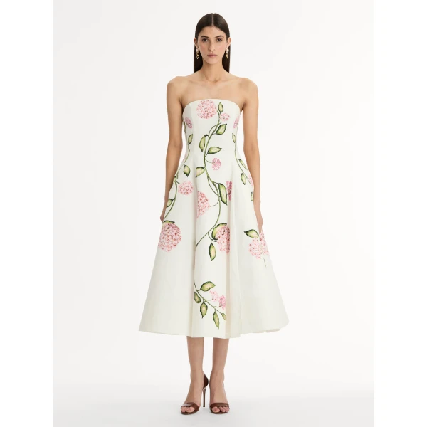 Oscar de la Renta Porcelain Flower Cotton Poplin Strapless Dress - Oscar de la Renta Dresses - American Couture - Shop at Luxury Shoes 