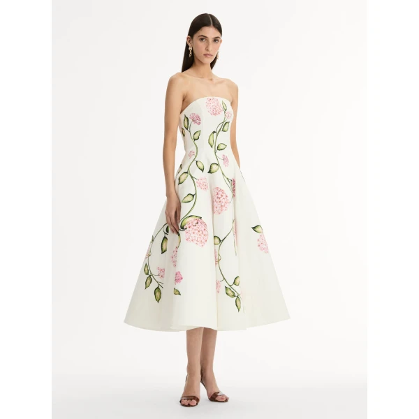 Oscar de la Renta Porcelain Flower Cotton Poplin Strapless Dress - Oscar de la Renta Dresses - American Couture - Shop at Luxury Shoes 